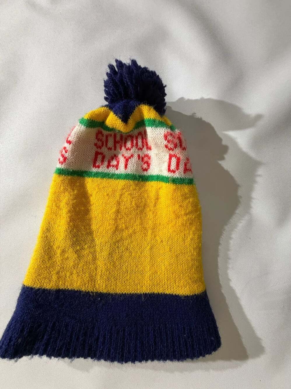 Vintage School Days Pom Beanie Yellow Navy Knit Ski Hat Retro Y2K Cap
